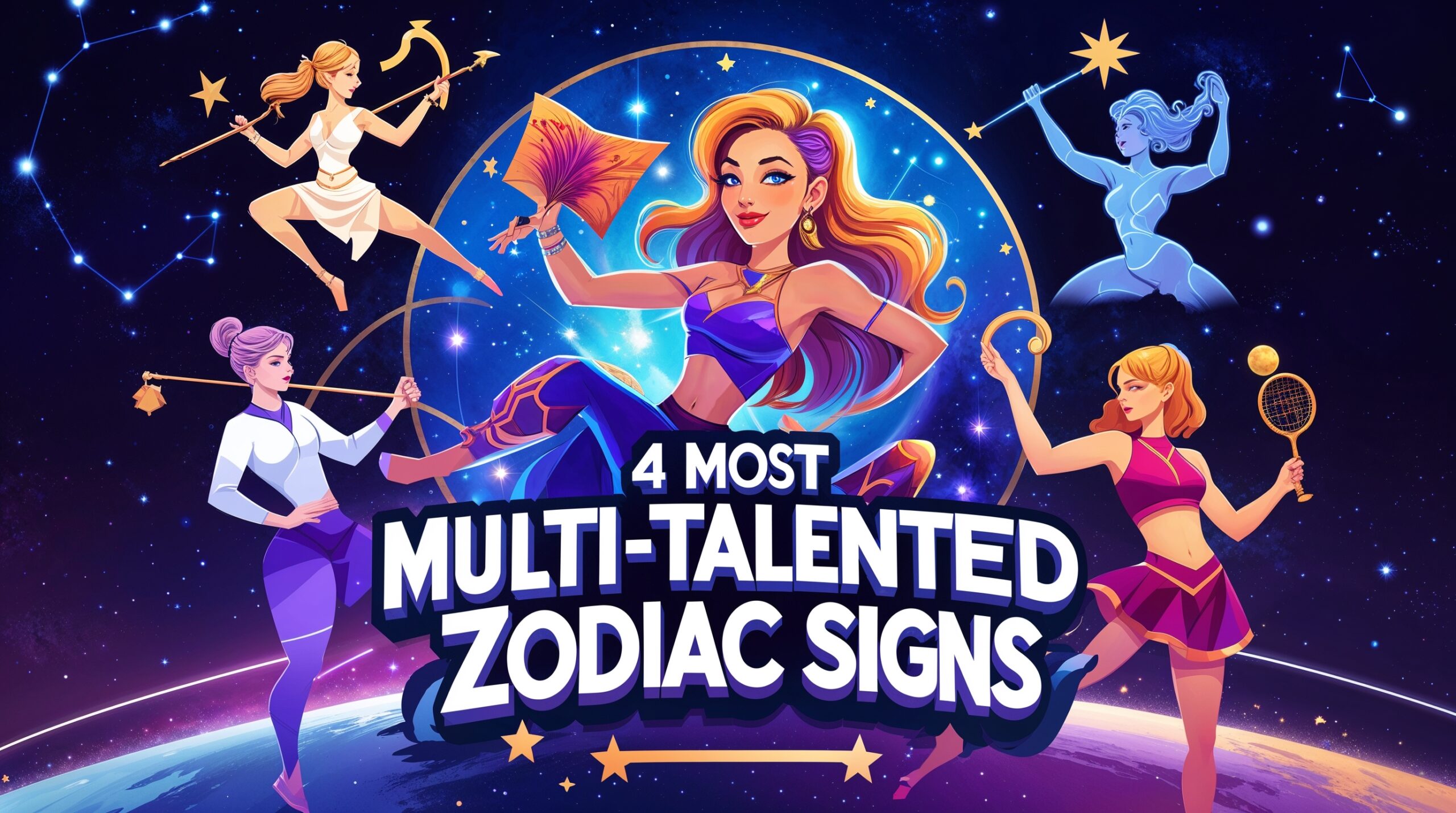 Illustration of the 4 most multi-talented zodiac signs—Gemini, Sagittarius, Pisces, and Libra—represented with cosmic elements. Gemini is highlighted, showcasing various skills like painting, music, and sports, set against a celestial background.