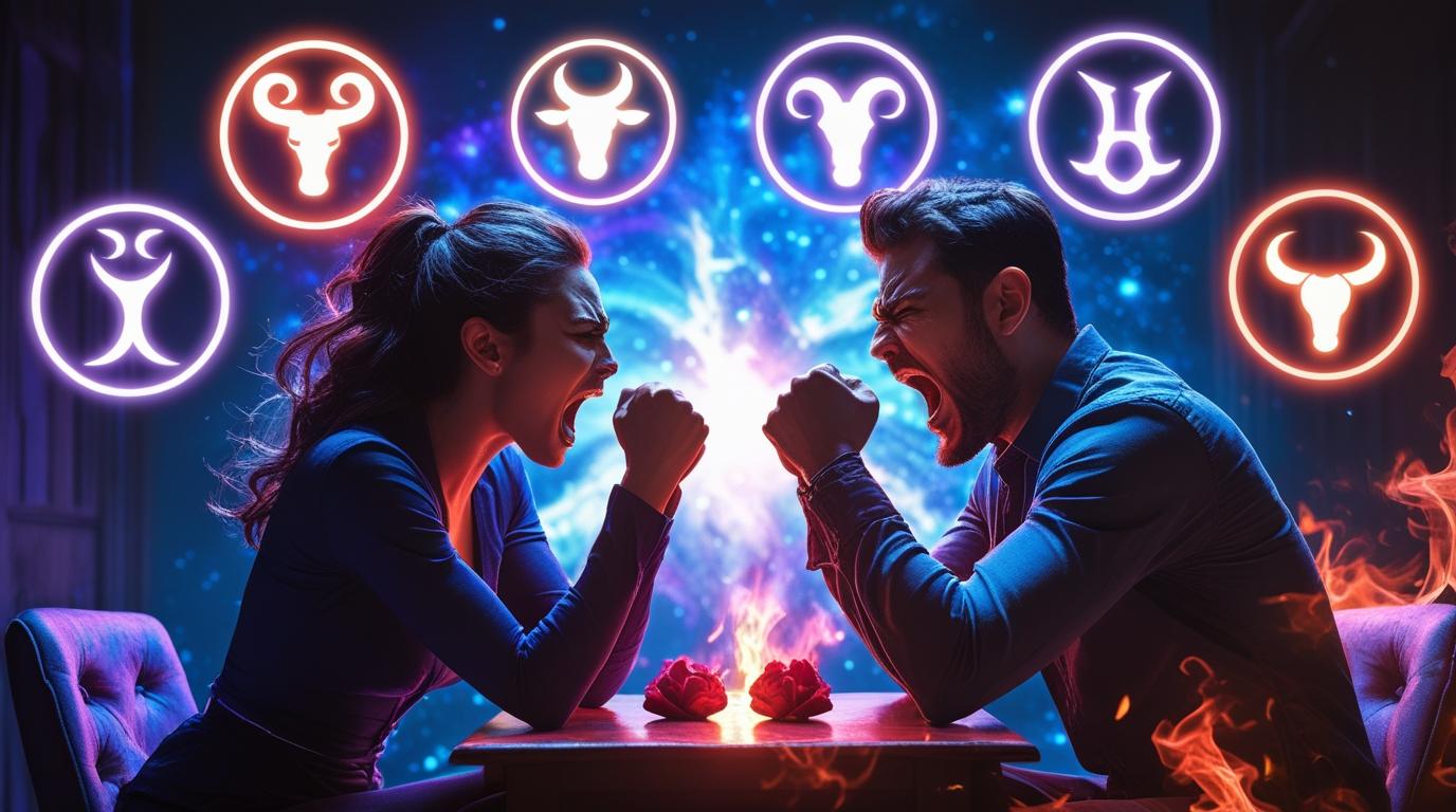 A couple engaged in a passionate argument with a cosmic background featuring six zodiac signs—Aries, Gemini, Leo, Scorpio, Sagittarius, and Capricorn—symbolizing astrological influence on relationship conflicts