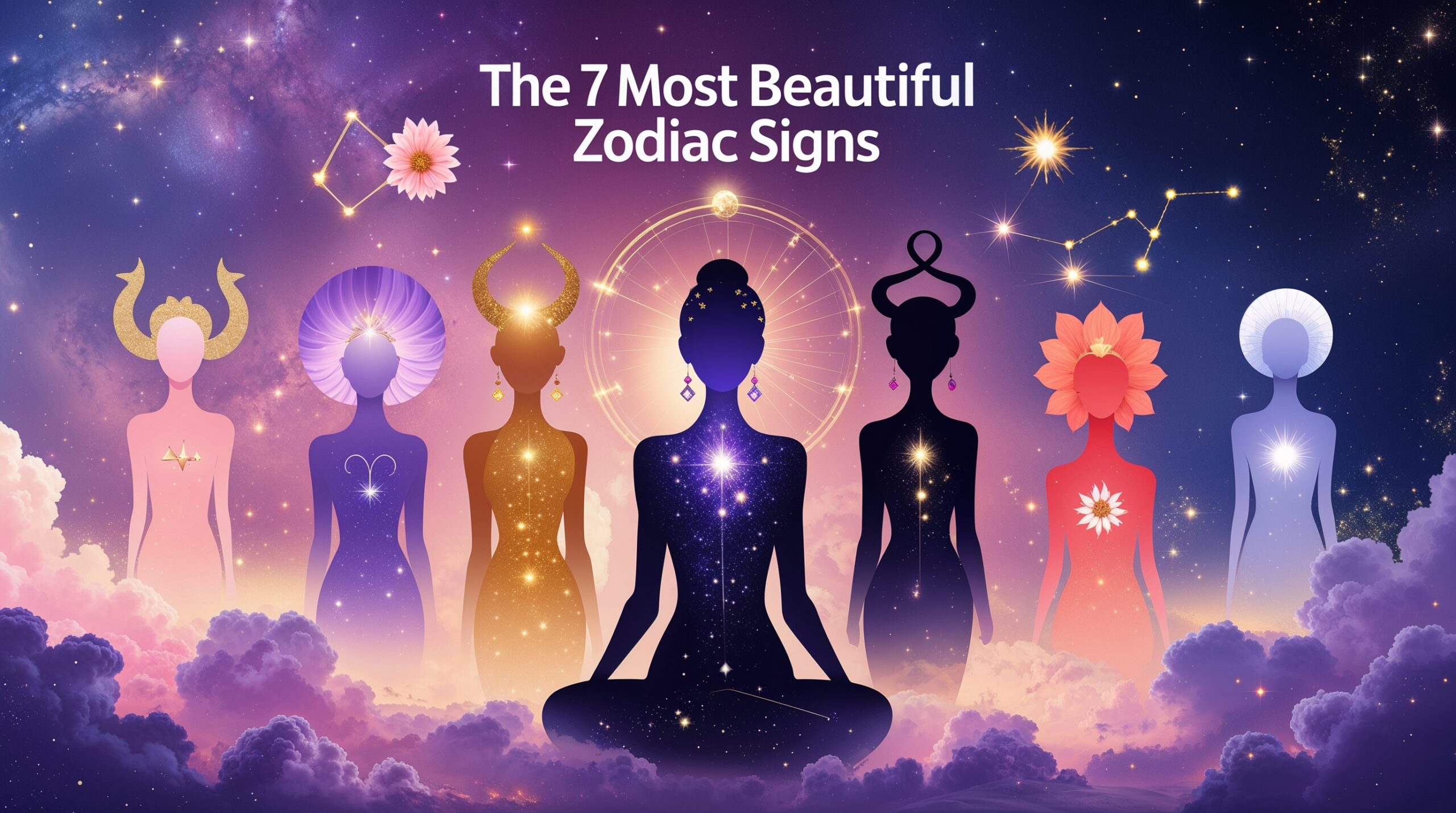 Digital artwork featuring seven ethereal silhouettes representing the most beautiful zodiac signs—Taurus, Leo, Libra, Scorpio, Sagittarius, Pisces, and Aquarius—set against a glowing cosmic background with starry skies and pastel nebulae. Each figure radiates a unique aura with symbolic elements like a Venus flower, sunburst, and scorpion tail, under the text 'The 7 Most Beautiful Zodiac Signs' in elegant, glowing font