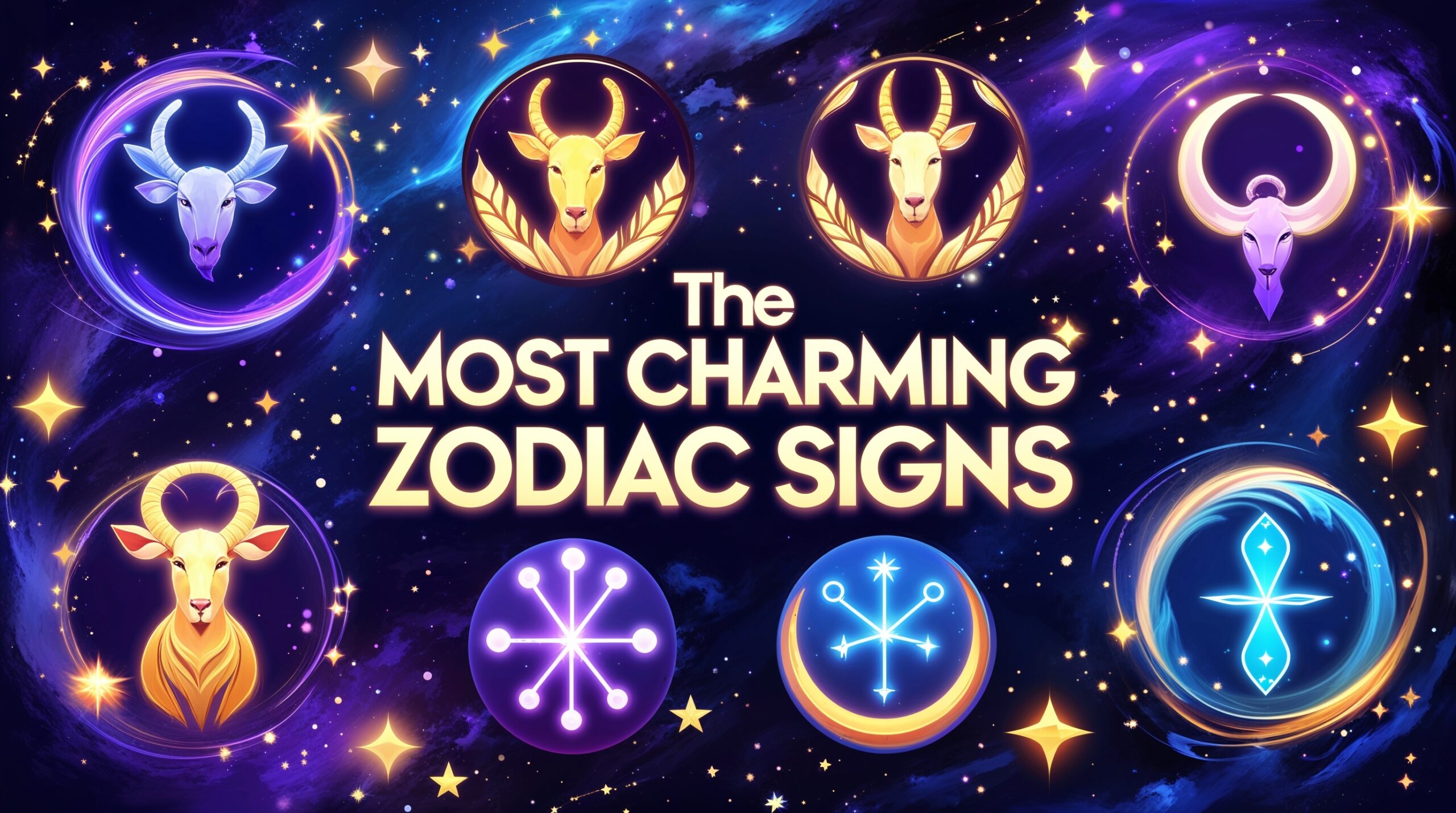 A mystical cosmic illustration featuring the most charming zodiac signs—Libra, Leo, Gemini, Sagittarius, Pisces, and Taurus—glowing against a celestial background with stars and constellations. The text 'The Most Charming Zodiac Signs' is elegantly displayed