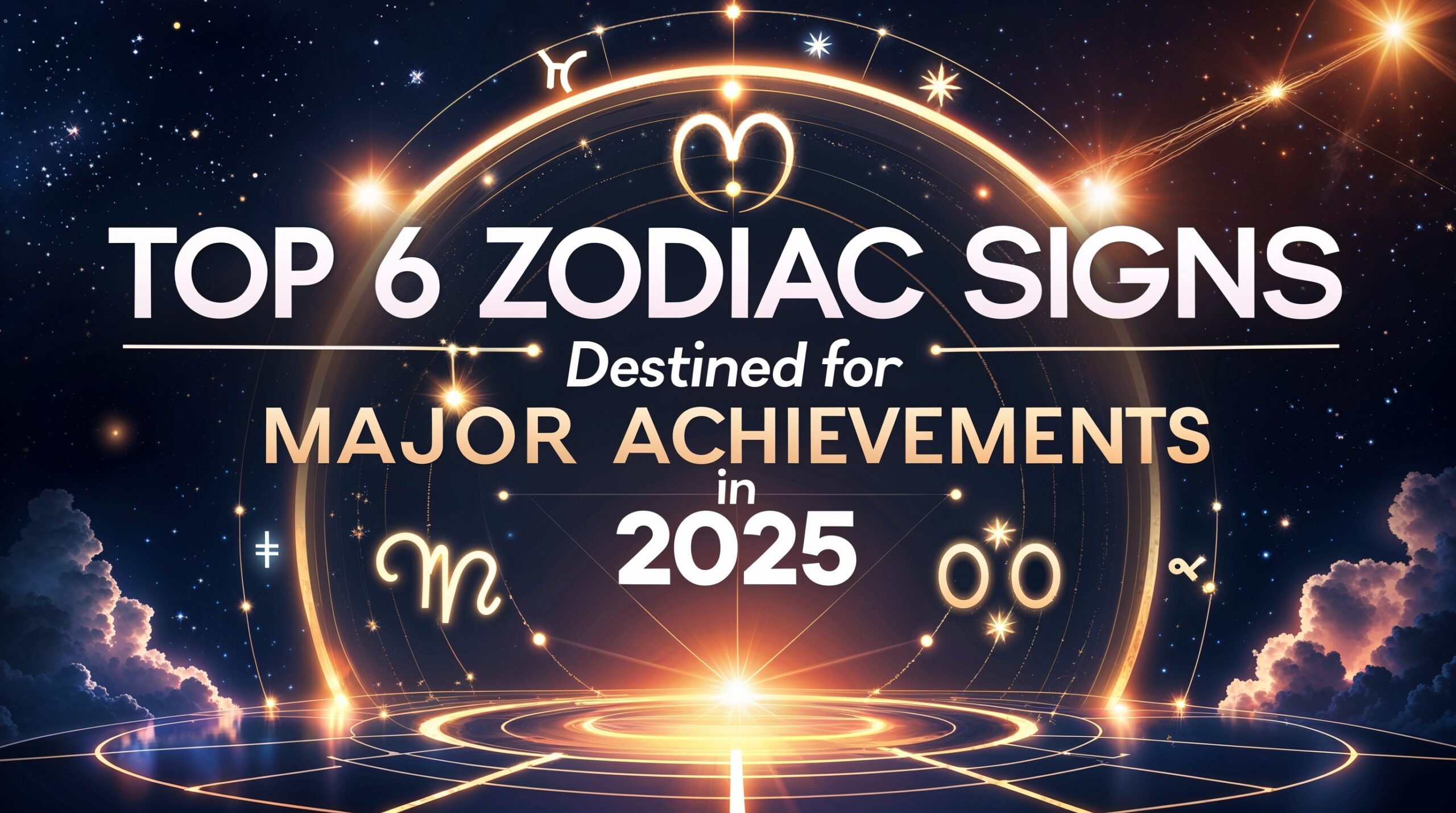 A celestial-themed digital artwork featuring glowing constellations of Capricorn, Leo, Scorpio, Taurus, Virgo, and Sagittarius against a cosmic background, symbolizing success and achievements in 2025. The text 'Top 6 Zodiac Signs Destined for Major Achievements in 2025' is prominently displayed