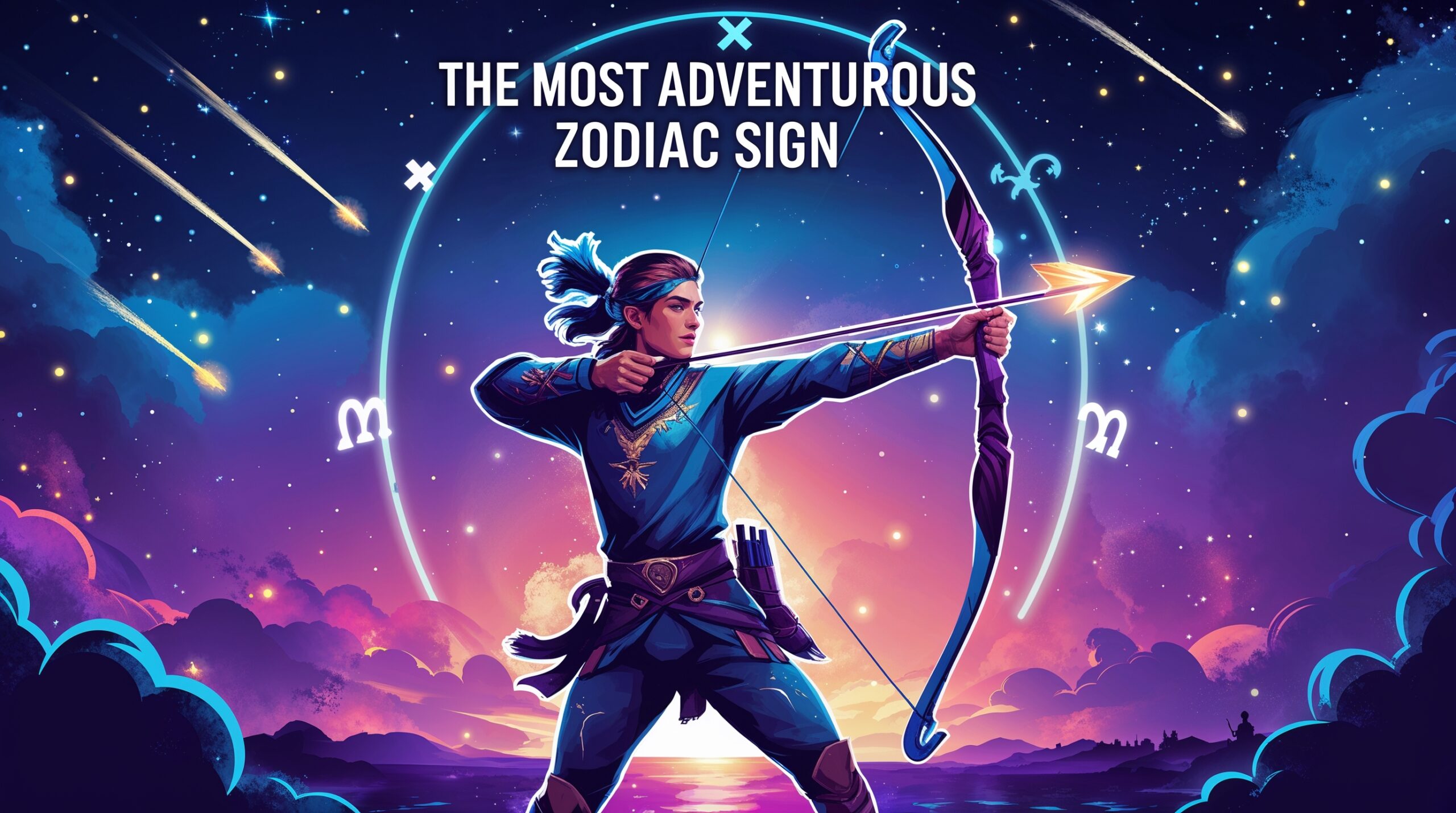 A vibrant digital artwork featuring a cosmic background with deep blues, purples, and glowing stars. A dynamic Sagittarius archer, depicted as a confident traveler, aims their bow toward an unknown horizon. Subtle silhouettes of Aries, Gemini, and Aquarius symbols surround them, with shooting stars adding a mystical glow. The text 'The Most Adventurous Zodiac Sign' overlays the image in bold, eye-catching font.