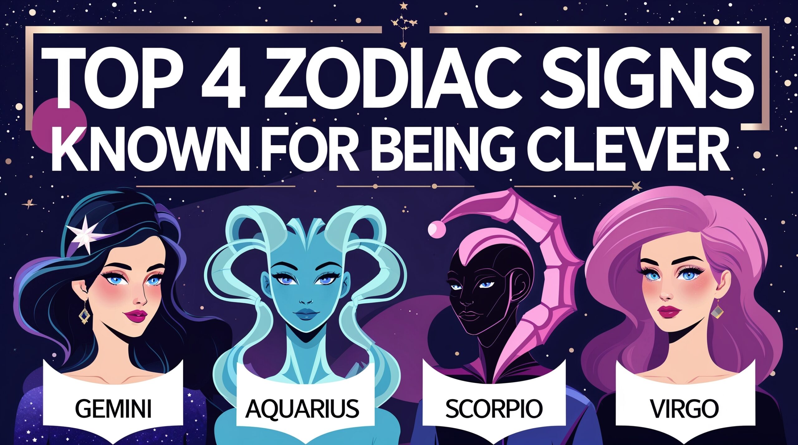 Illustration featuring the top 4 clever zodiac signs—Gemini, Aquarius, Scorpio, and Virgo—against a cosmic background, symbolizing intelligence and unique strengths