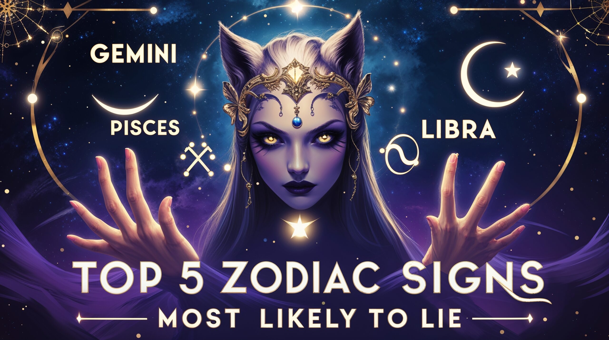 Mysterious cosmic-themed illustration featuring the top 5 zodiac signs most likely to lie, with a dark astrological background and symbolic elements representing deception