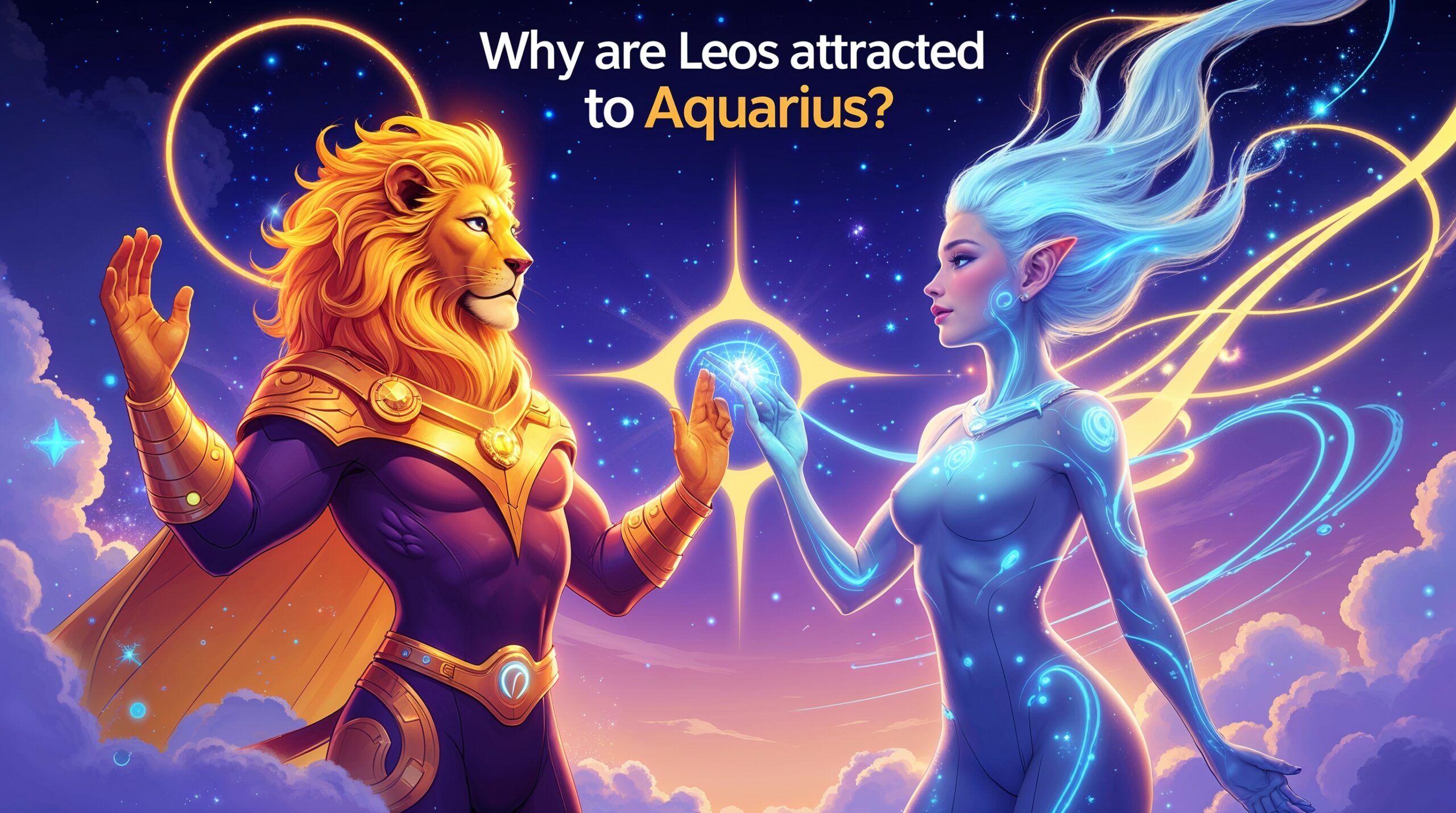 A vibrant digital illustration of a confident Leo with a fiery golden aura and an innovative Aquarius with a cool blue glow, standing together under a starry sky. Leo wears a lion-inspired outfit, while Aquarius holds a futuristic gadget. Golden flames and swirling air currents connect them, with the text 'Why Are Leos Attracted to Aquarius?' boldly overlaid at the top in a gold-to-blue gradient. Subtle hints of a talent show stage and environmental banner appear in the cosmic background