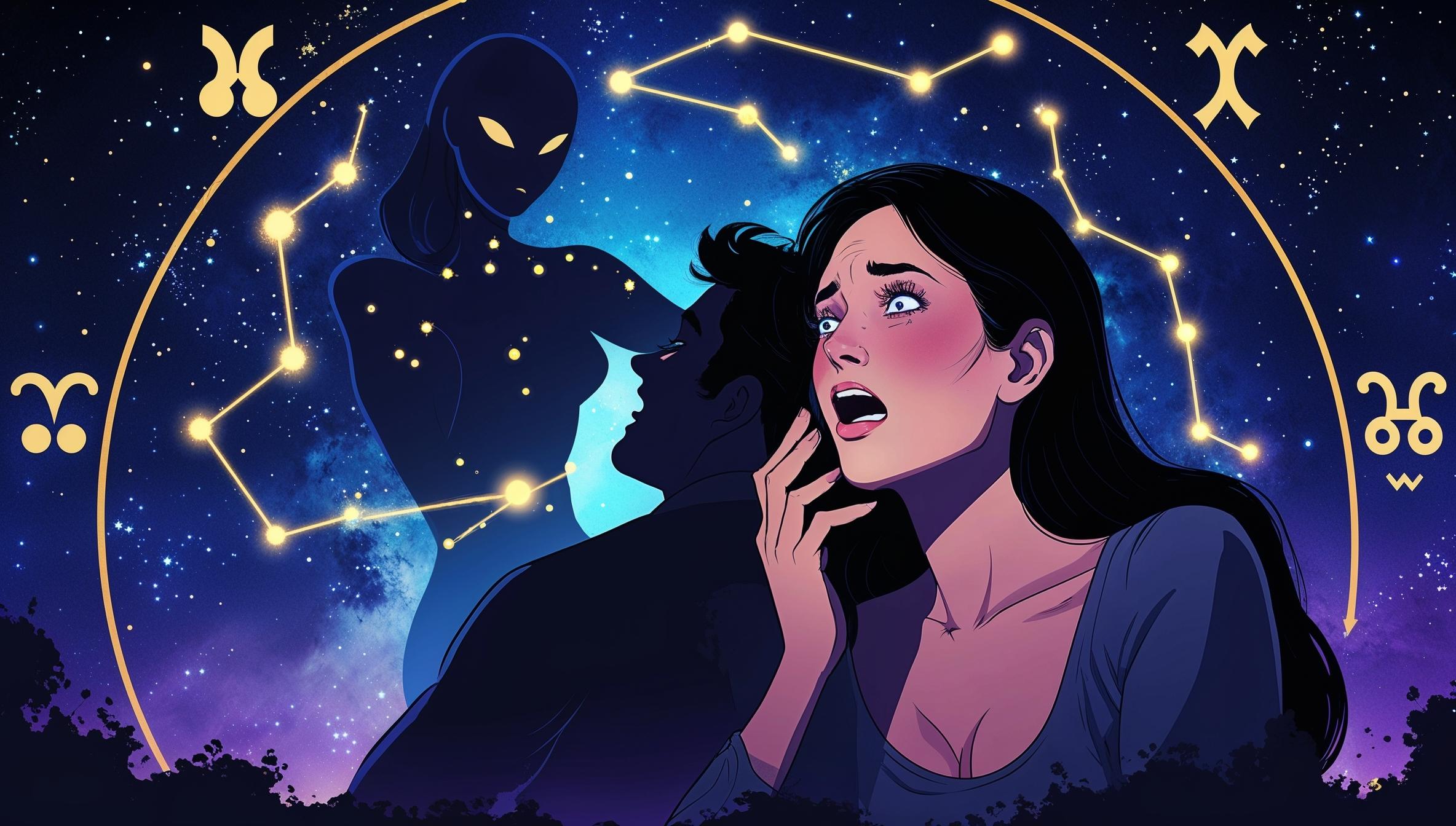 A celestial-themed digital illustration showing a betrayal scene with a shadowy figure whispering behind another person's back, set against a starry sky with glowing zodiac constellations of Gemini, Scorpio, Sagittarius, and Pisces