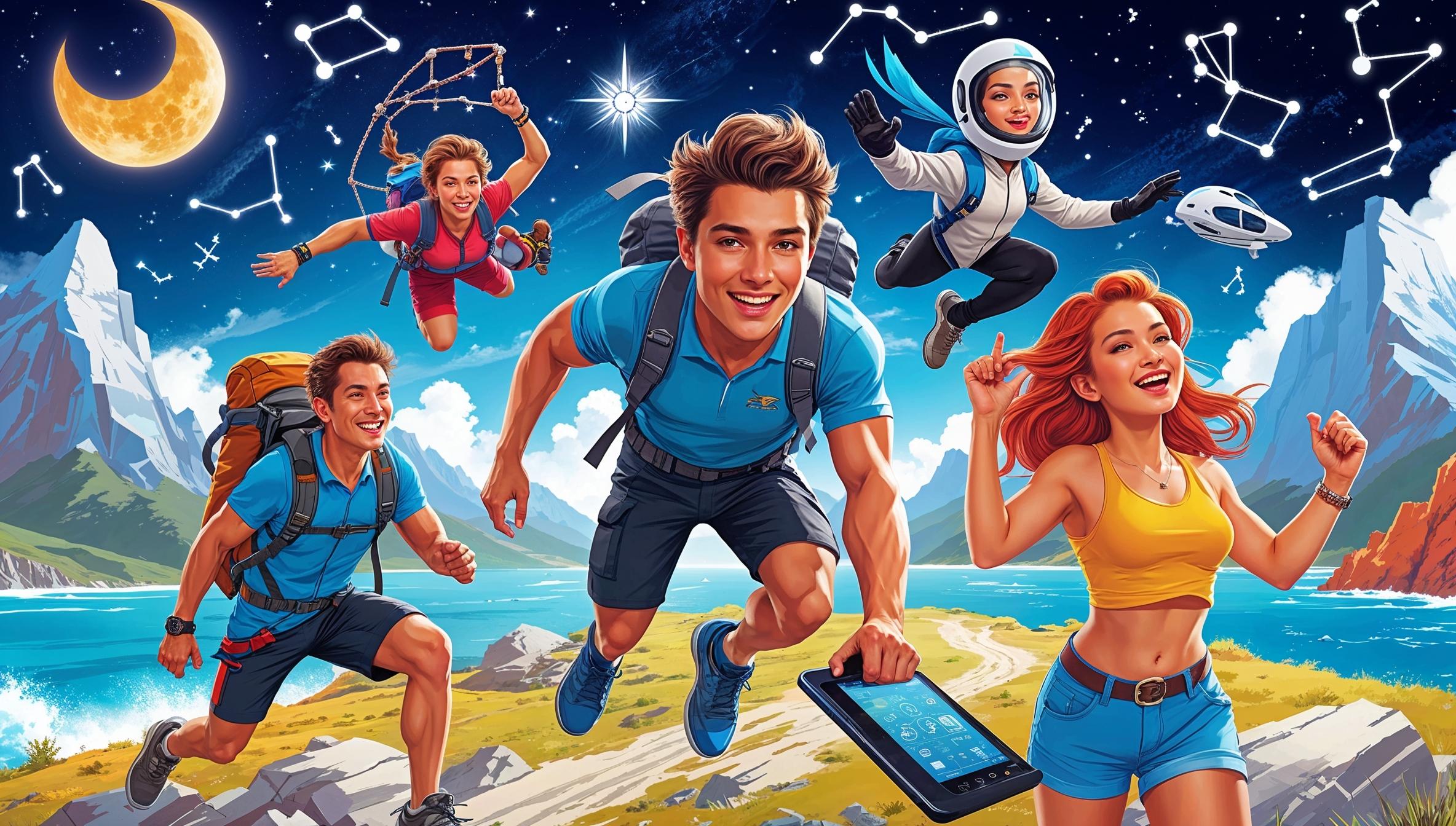 An adventurous illustration featuring Sagittarius, Aries, Aquarius, Leo, and Gemini engaging in thrilling activities like skydiving, hiking, performing, and exploring. The background showcases a vibrant landscape with mountains, oceans, and zodiac constellations in the night sky