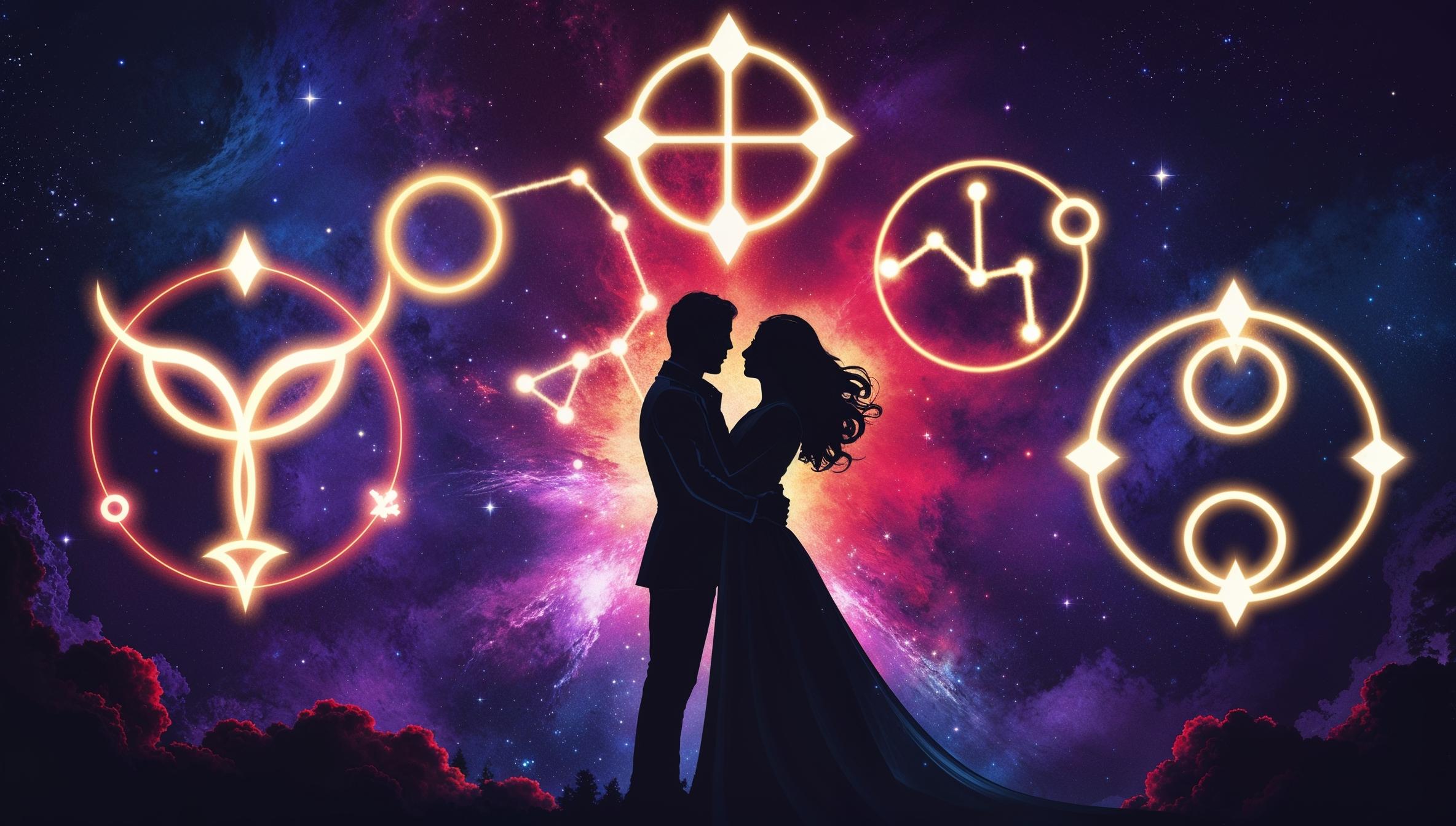 A colorful digital artwork with a space-like background in purples, blues, and reds. It shows the glowing symbols of Aries, Leo, Sagittarius, Scorpio, and Gemini, placed to look bold and lively. A faint outline of a couple hugging, lit by star signs, adds a romantic feel. The image looks pretty and mysterious