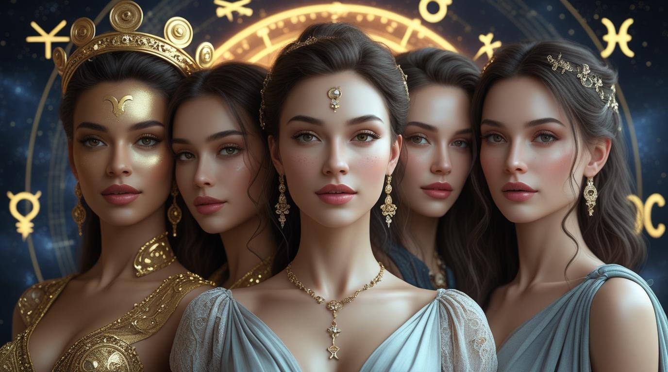 A breathtaking digital artwork featuring five women, each representing a zodiac sign—Leo, Libra, Scorpio, Pisces, and Taurus. They stand against a cosmic background with glowing zodiac symbols. Leo shines with a golden glow and bold outfit, Libra charms in stylish clothes with a peaceful vibe, Scorpio intrigues with dark, mysterious eyes, Pisces glows with dreamy softness, and Taurus radiates natural beauty in earthy tones. The scene is lit with soft, magical light, creating an enchanting, ultra-realistic look