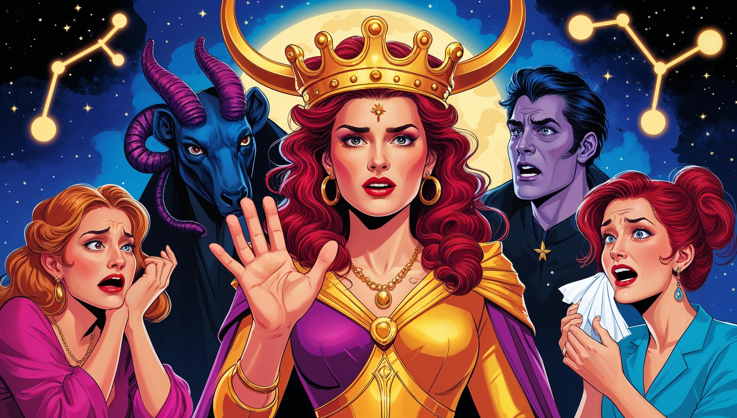 An expressive digital illustration of dramatic zodiac signs: a regal Leo in a golden crown making a grand gesture, a fiery Aries arguing passionately, a mysterious Scorpio watching intently, an emotional Cancer holding a tissue, and an animated Gemini storytelling. The background features glowing zodiac constellations, emphasizing a theatrical and celestial theme.