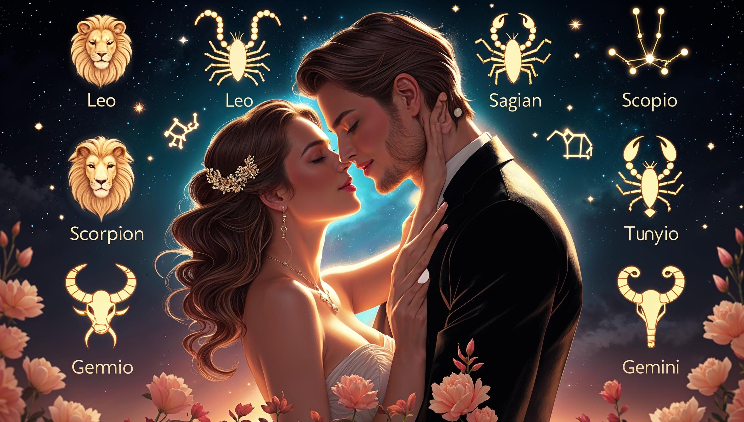 A romantic and artistic illustration featuring zodiac signs in an intimate setting, with a couple surrounded by a celestial night sky and astrological symbols