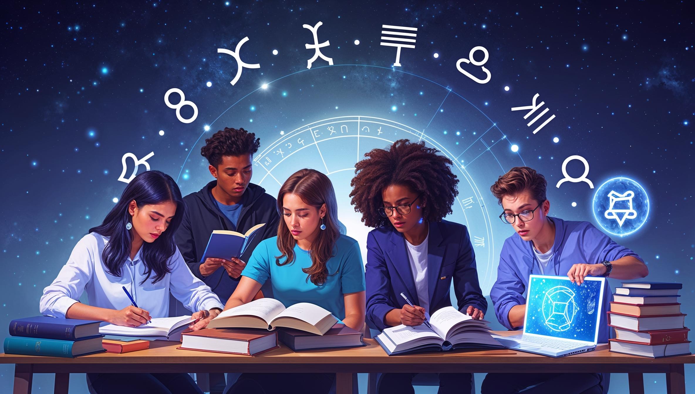 A group of students representing different zodiac signs engaged in studying, with a celestial background featuring subtle zodiac symbols