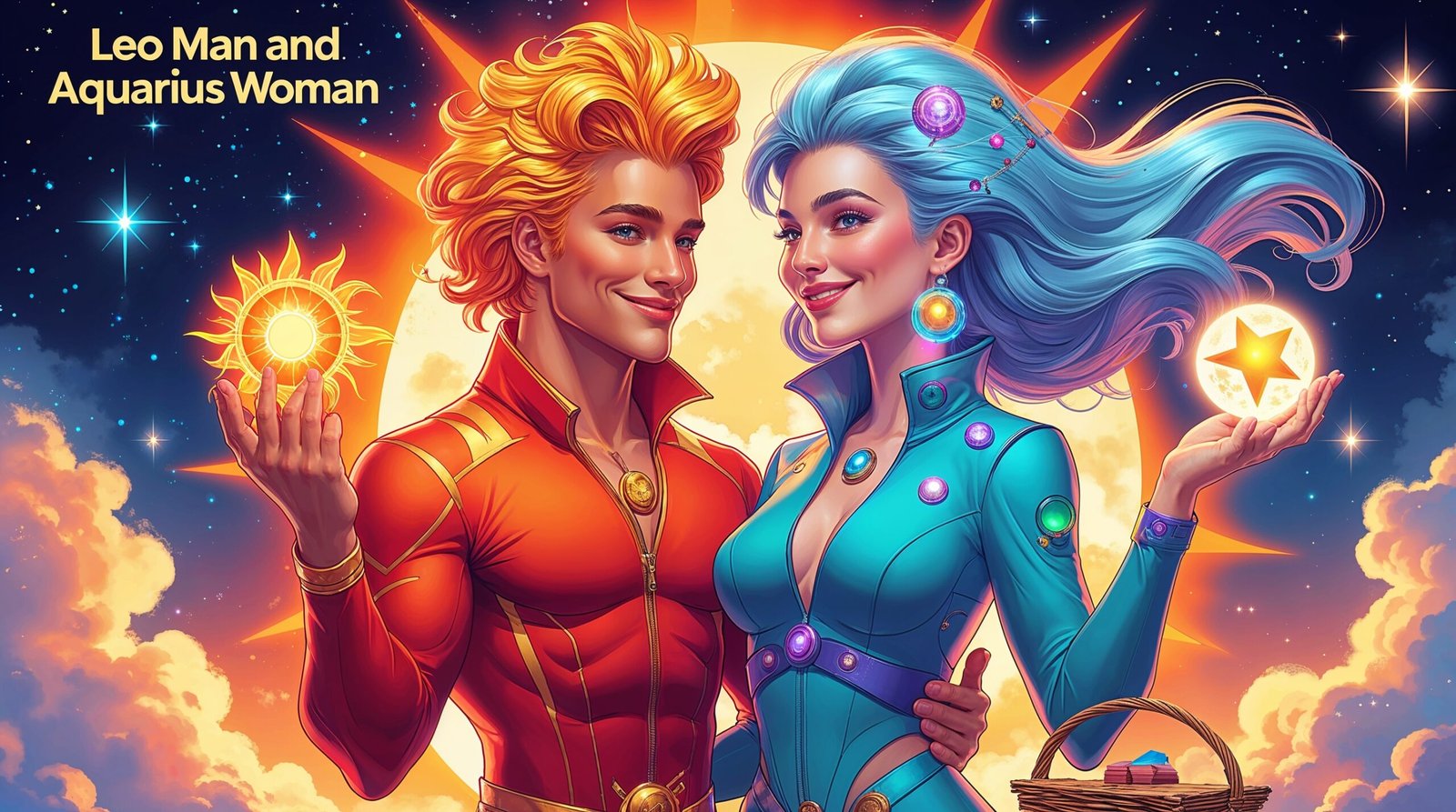 A vibrant digital illustration of a confident Leo man with golden hair and a fiery red-orange outfit holding a glowing sun, standing beside an innovative Aquarius woman with silver-blue hair and a futuristic aqua-purple outfit holding a starry orb. The background blends fiery sunbeams and a starry sky, with the text 'Leo Man and Aquarius Woman' glowing elegantly above them.