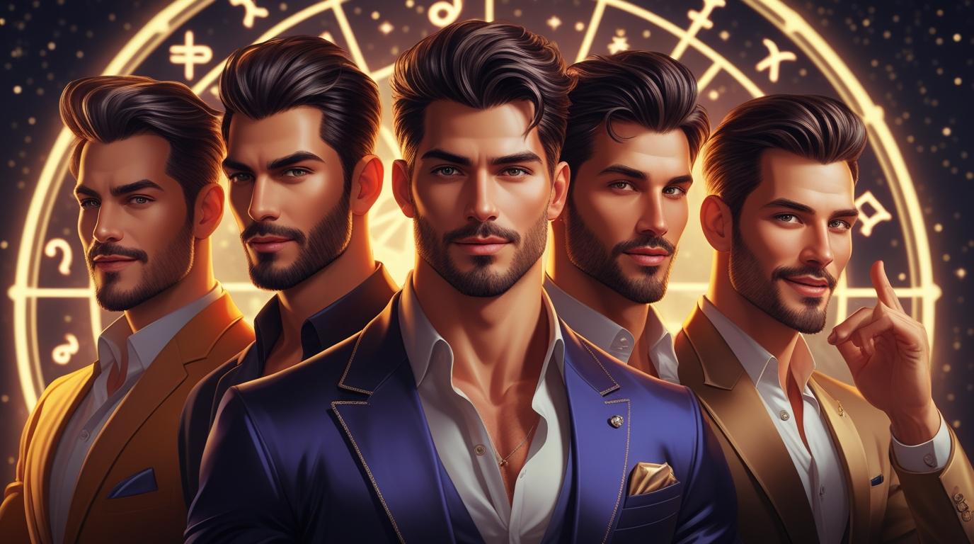 A vibrant digital artwork showcasing four handsome men, each representing a charming zodiac sign. A confident Leo stands tall with a bright smile, a mysterious Scorpio gazes with intense eyes, a sturdy Taurus radiates strength, and a friendly Libra chats with charm. They’re framed by a glowing celestial zodiac wheel in the background, with warm lighting highlighting their stylish looks and modern outfits