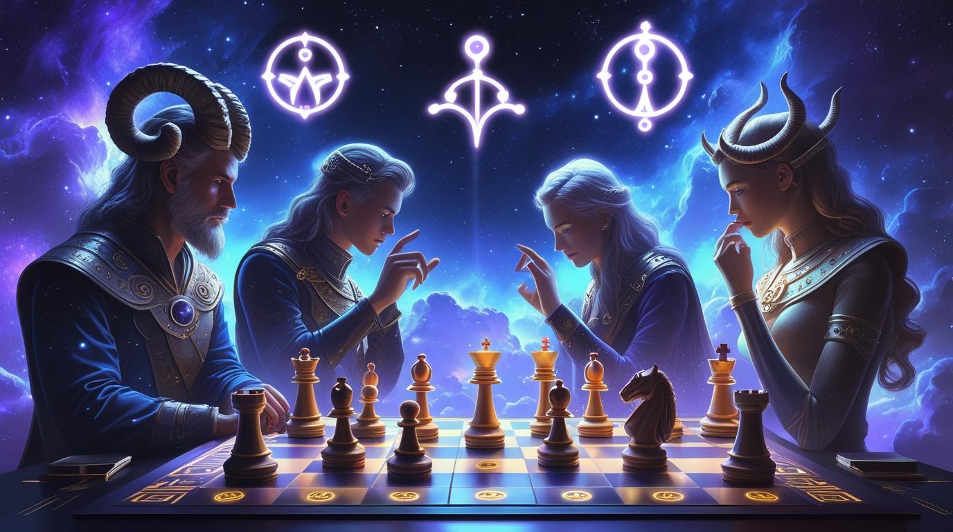 A cosmic chessboard floating in space, featuring zodiac signs Capricorn, Scorpio, Virgo, Aquarius, and Libra, symbolizing strategic intelligence and planning