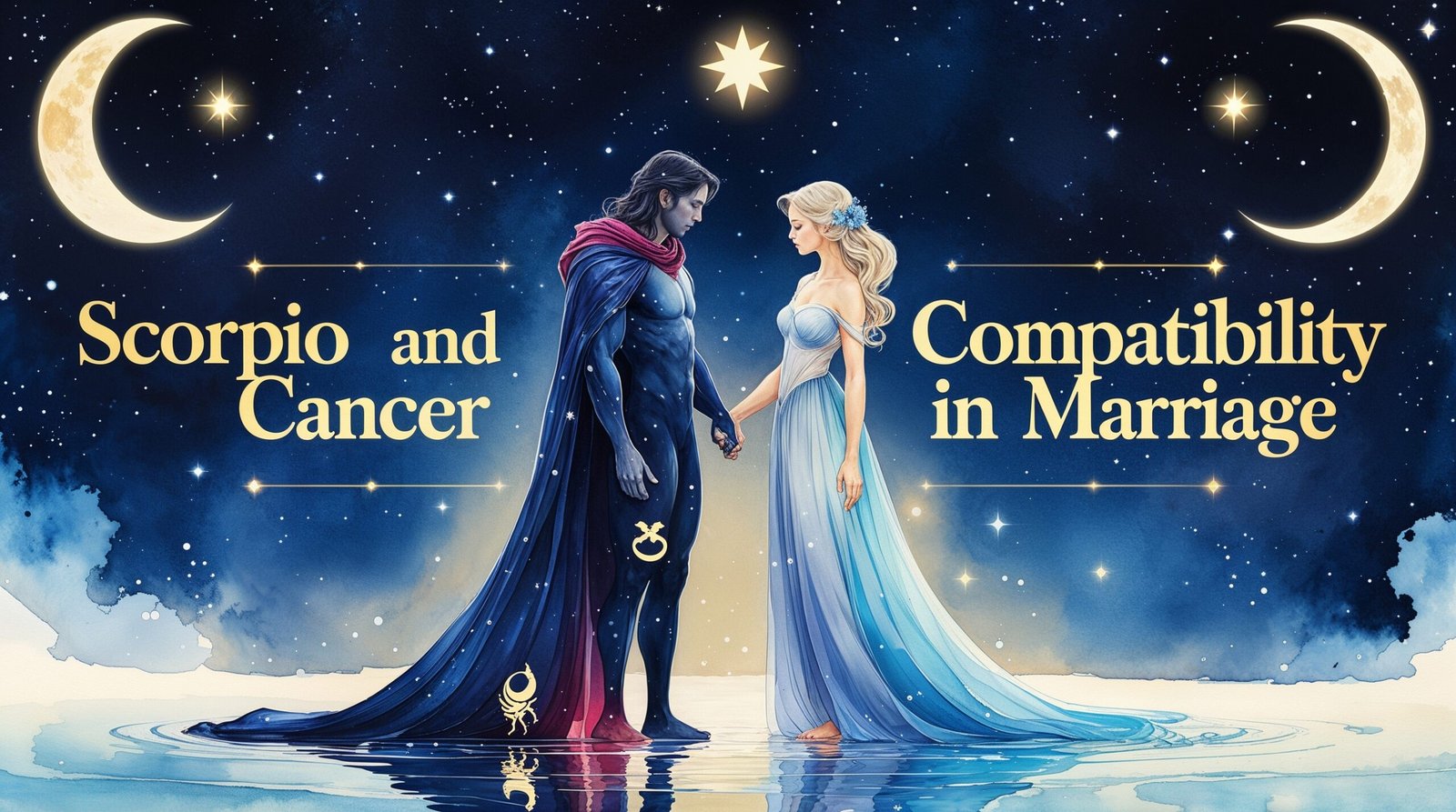 Romantic watercolor illustration of Scorpio and Cancer zodiac figures standing together on a reflective water surface under a starry sky, with a crescent moon and glowing star in the background. The text 'Scorpio and Cancer Compatibility in Marriage' is overlaid in elegant gold font at the top.