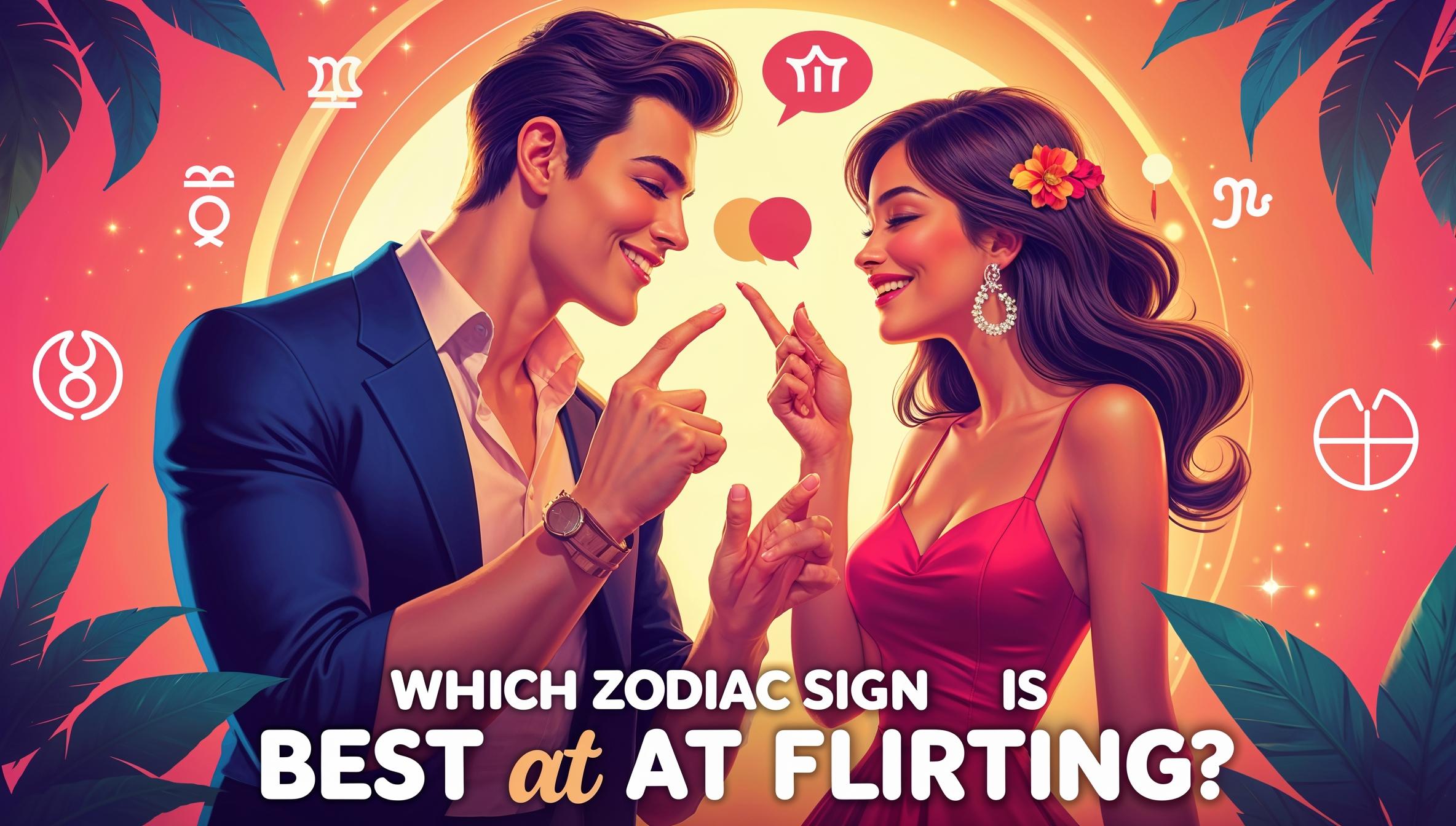 A charming man and woman engaged in playful flirtation, surrounded by glowing zodiac symbols, representing the most flirtatious zodiac signs.