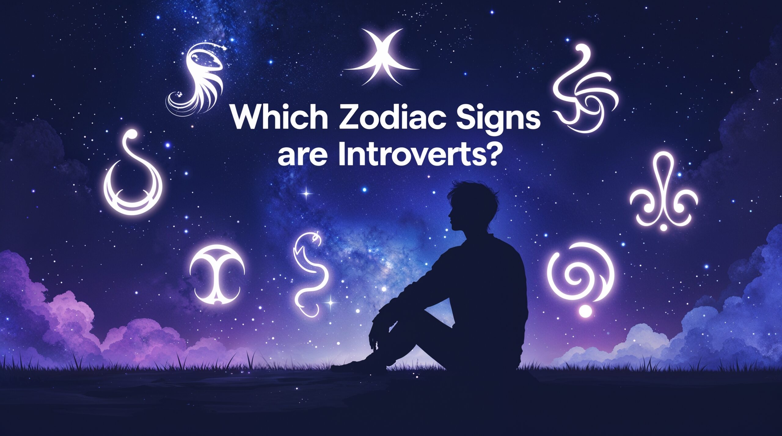 A mystical night sky with glowing zodiac symbols of Scorpio, Pisces, Capricorn, Virgo, Cancer, and Taurus, representing introverted zodiac signs. A silhouette of a person sits alone, gazing at the cosmos in deep thought