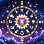 Zodiac wheel with glowing Sagittarius symbol and text overlay 'Which Zodiac Sign Will Be the Luckiest in 2025' on a cosmic starry background