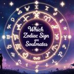 Romantic night sky with glowing golden zodiac wheel, couple silhouette, and text overlay "Which Zodiac Sign Are Soulmates" under a starry sky.