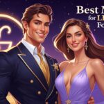 Romantic illustration of a confident Leo man and an elegant woman standing together under a glowing night sky with the Leo zodiac symbol and the text "Best Match For Leo Man For Marriage."