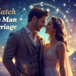 Romantic astrology-themed image showing an Aries man with his ideal partner under a starry night sky with zodiac symbols and the text 'Best Match for Aries Man for Marriage'